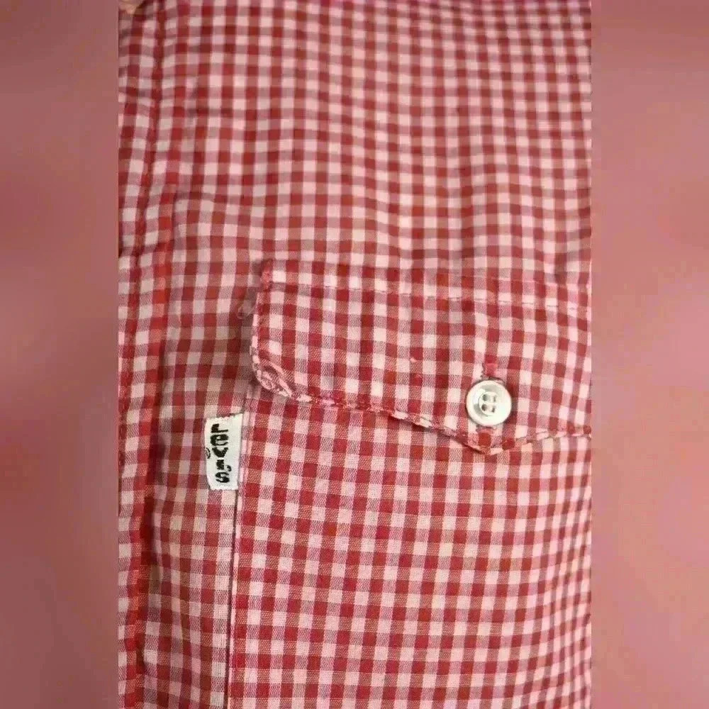 1970s LEVI'S Red Cotton Blend Gingham Western Tablecloth Picnic Shirt Small USA - Picture 3 of 7